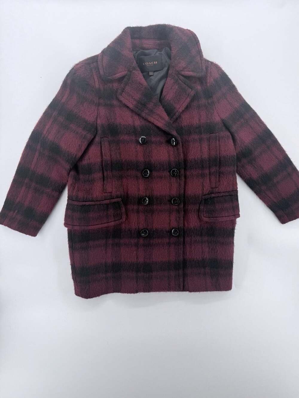 Coach Double-Breasted Long Plaid Peacoat in Dark Cranberry Size Large